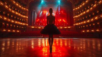 ai genererad ensam ballerina Träning ensam på de skede av en stor opera hus i främre av ett tömma hall foto