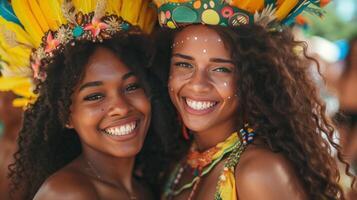 ai genererad två skön ung kvinnor klädd festligt på de karneval i stad foto