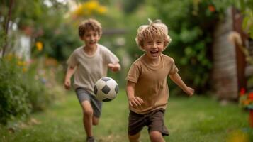 ai genererad två spanska Pojkar 10 år gammal spela fotboll i de sommar trädgård foto