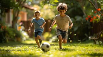 ai genererad två spanska Pojkar 10 år gammal spela fotboll i de sommar trädgård foto