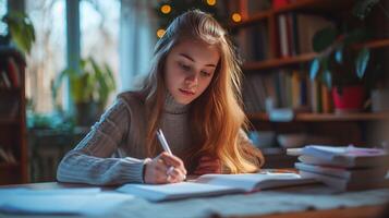 ai genererad en 12-åring flicka sitter på de tabell och gör henne läxa foto