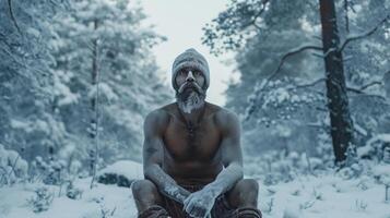 ai genererad en frysta man sitter i endast shorts i de mitten av en vinter- skog foto