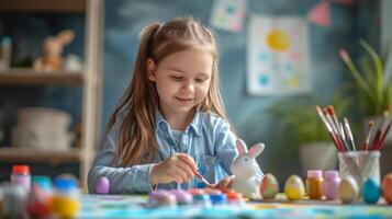ai genererad en flicka målarfärger de påsk kanin med vattenfärg målarfärger foto