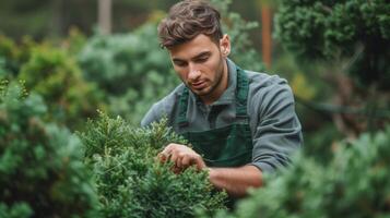 ai genererad en ung stilig trädgårdsmästare i en mörk grön förkläde trimmer en thuja in i en runda form foto