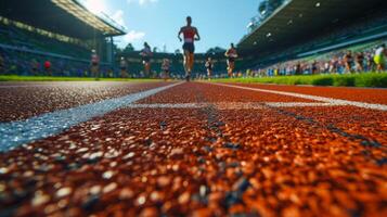 ai genererad idrottare löpare springa upp till de Avsluta linje på de stadion foto