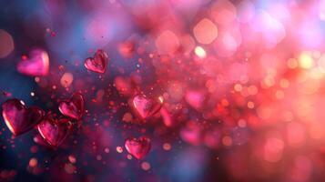 ai genererad skön suddig bakgrund med rosa hjärtan och transparent bokeh lampor foto