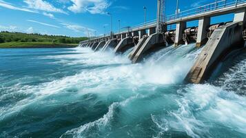 ai genererad skön bakgrund med en vatten hydro station på de flod. solig sommar dag foto