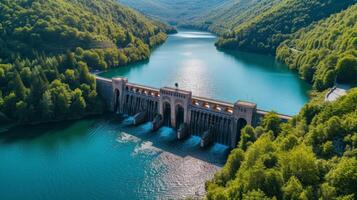 ai genererad skön bakgrund med en vatten hydro station på de flod. solig sommar dag foto