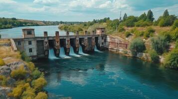 ai genererad skön bakgrund med en vatten hydro station på de flod. solig sommar dag foto