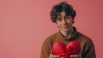 ai genererad ung stilig kille innehav en röd hjärtformade låda med en rosett i hans hand foto