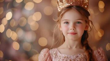 ai genererad en skön 10-årig flicka i en rosa klänning och en guld krona på henne huvud utseende på de kamera, leende foto