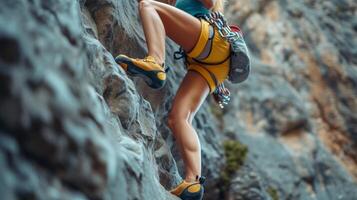 ai genererad en skön flicka med en sten klättrare är klättrande de berg foto