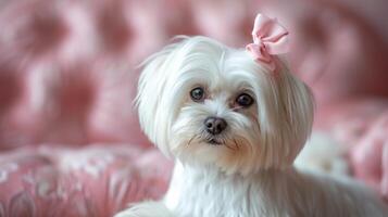 ai genererad en vackert vårdad vit maltese hund med en rosa rosett på henne huvud utseende på de kamera foto