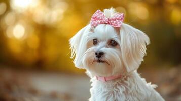 ai genererad en vackert vårdad vit maltese hund med en rosa rosett på henne huvud utseende på de kamera foto
