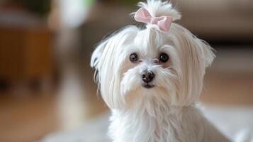 ai genererad en vackert vårdad vit maltese hund med en rosa rosett på henne huvud utseende på de kamera foto