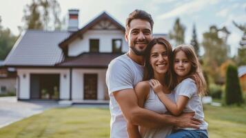 ai genererad en Lycklig amerikan familj står på de gräsmatta nära deras hus och utseende på de kamera, leende foto