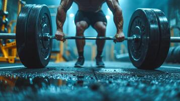 ai genererad en manlig idrottare hissar en tung skivstång. suddig Gym i de bakgrund foto