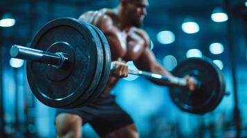 ai genererad en manlig idrottare hissar en tung skivstång. suddig Gym i de bakgrund foto