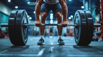 ai genererad en manlig idrottare hissar en tung skivstång. suddig Gym i de bakgrund foto