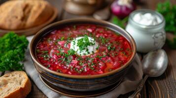 ai genererad en tallrik av ukrainska borscht soppa står på en trä- tabell foto