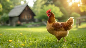ai genererad kyckling gående på de gräs i de gård av en klassisk amerikan bruka foto