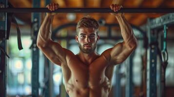 ai genererad stilig atletisk man håller på med pull-ups på de horisontell bar foto