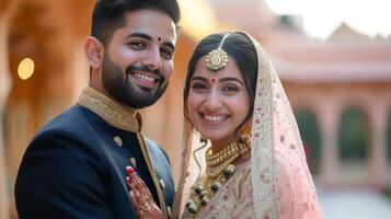 ai genererad Lycklig skön och indisk par leende ser på kamera medan stående mot suddig indisk foto