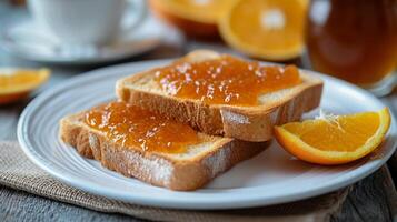 ai genererad rostat bröd med orange sylt spridning lögner på en vit tallrik foto