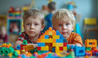ai genererad två femåring Pojkar är byggnad en hus från en flerfärgad konstruktion uppsättning foto