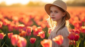 ai genererad en skön ung flicka promenader genom en fält med blomning tulpaner foto