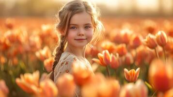 ai genererad en skön ung flicka promenader genom en fält med blomning tulpaner foto