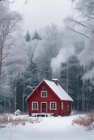 ai genererad en ljus vinröd trä- hus står ensam i de mitten av en stor vinter- skog foto