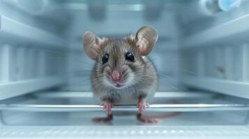 ai genererad en små grå mus med stor ögon sitter på ett tömma kylskåp hylla och utseende på de kamera foto