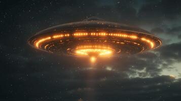 ai genererad en UFO är flygande i de natt himmel foto