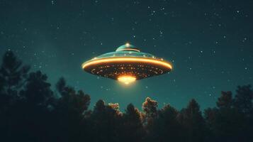 ai genererad en UFO är flygande i de natt himmel foto