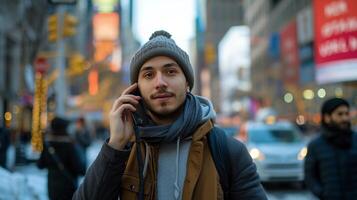 ai genererad en ung man promenader längs en stad gata och samtal på de telefon medan ser på de kamera foto
