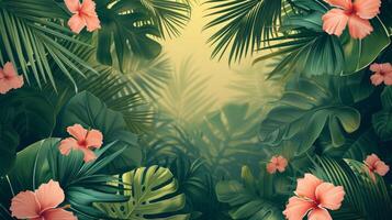 ai genererad skön bakgrund för reklam med tropisk löv, handflatan träd foto