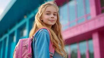ai genererad modern flicka 12 år gammal med lång blond hår går till skola med en rosa ryggsäck stor copy område foto