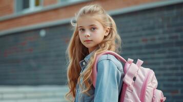 ai genererad modern flicka 12 år gammal med lång blond hår går till skola med en rosa ryggsäck stor copy område foto