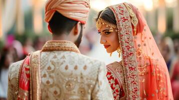 ai genererad indisk bröllop. ung skön brud och brudgum i nationell indisk kostymer foto