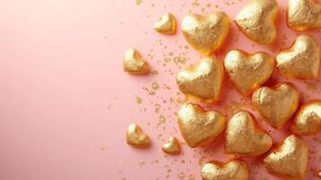 ai genererad många små guld 3d hjärtan på en mjuk rosa bakgrund foto