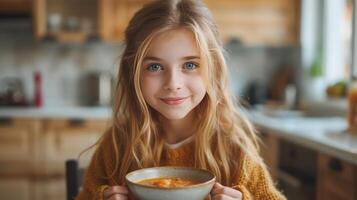 ai genererad en skön flicka 12 år gammal med blond hår äter soppa medan Sammanträde i en ljus kök och utseende på de kamera foto