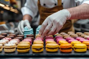 ai genererad en närbild av en bakverk kock skapande en symfoni av färgrik macarons foto