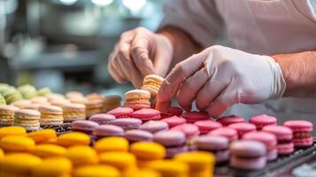 ai genererad en närbild av en bakverk kock skapande en symfoni av färgrik macarons foto