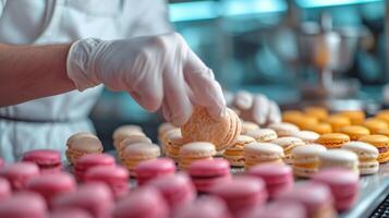 ai genererad en närbild av en bakverk kock skapande en symfoni av färgrik macarons foto