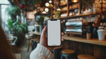 ai genererad en kvinnas hand innehav en telefon med vit tom skärm på en kaffe affär foto