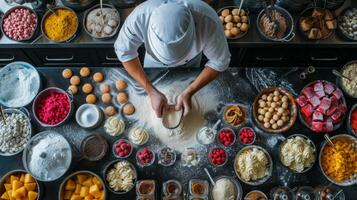 ai genererad ett över huvudet skott av en bakverk kock omgiven förbi ett array av färgrik Ingredienser foto