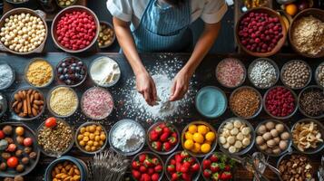 ai genererad ett över huvudet skott av en bakverk kock omgiven förbi ett array av färgrik Ingredienser foto