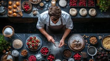 ai genererad ett över huvudet skott av en bakverk kock omgiven förbi ett array av färgrik Ingredienser foto