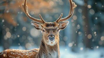 ai genererad en skön rådjur med stor horn närbild i en snöig skog foto